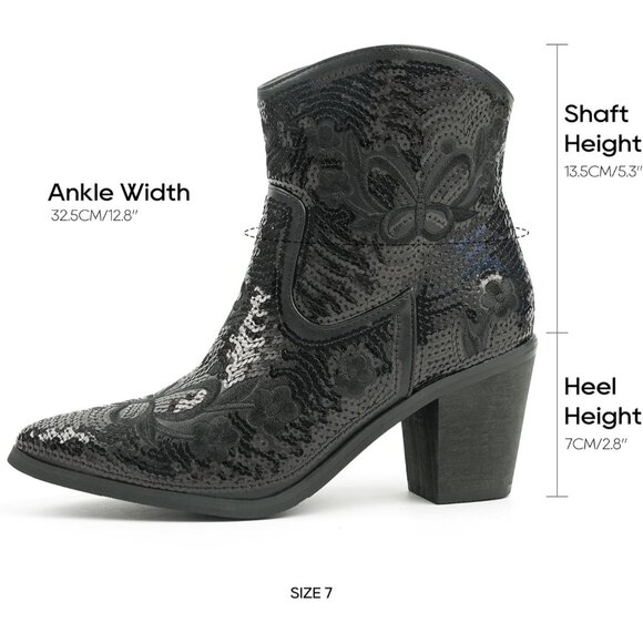 Women's Black Western Low Cowgirl Boots With Zipper Short Pointed Toe Booties - Picture 4 of 7